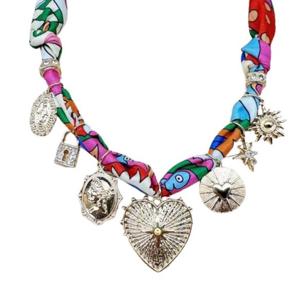 HEART MULTI CHARM FABRIC NECKLACE