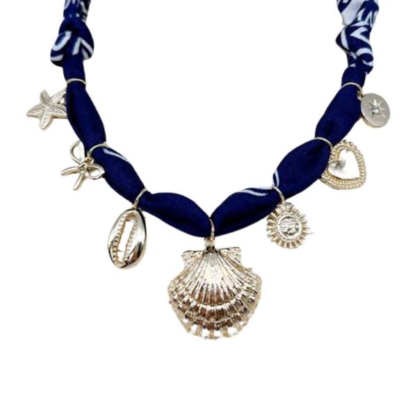 SEASHELL MULTI CHARM FABRIC NECKLACE