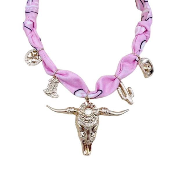 CATTLE SKULL MULTI CHARM FABRIC NECKLACE