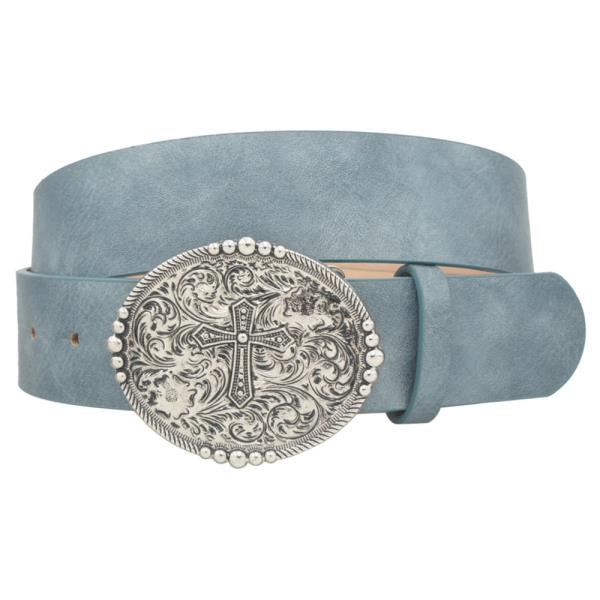 WESTERN CROSS ETCHED OVAL BUCKLE WASHED STRAP BELT