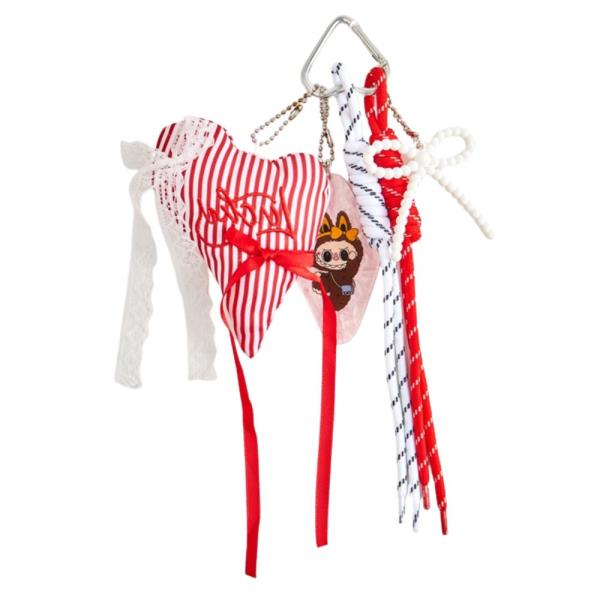 LUCKY STRIPPED HEART ROPE LACE RIBBON BOW BAG CHARM KEYCHAIN