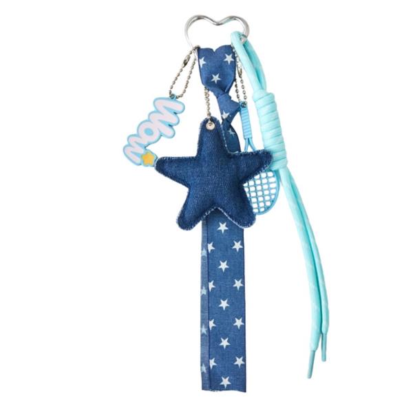 DENIM STAR POLKA DOT RIBBON TENNIS RACKET ROPE BAG CHARM KEYCHAIN