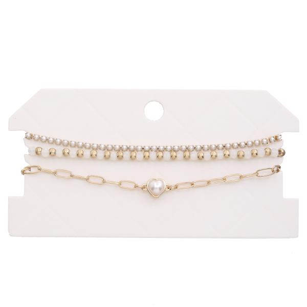 PEARL HEART LAYERED BEADED BRACELET SET
