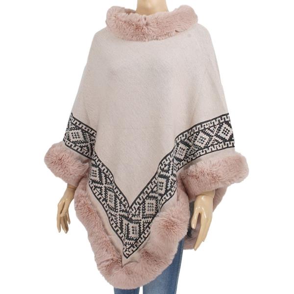 AZTEC PATTERN FAUX FUR TRIM PONCHO