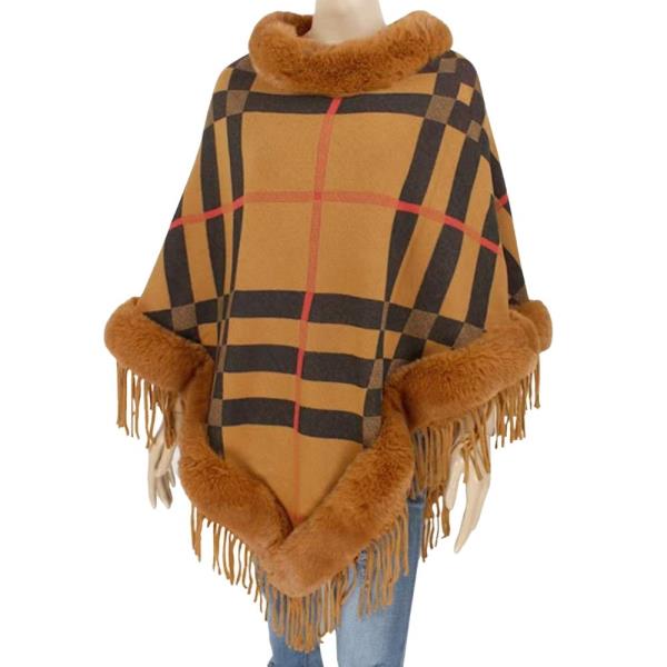 PLAID PONCHO WITH FAUX FUR TRIM & FRINGE