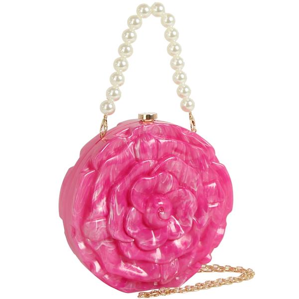 ACRYLIC ROUND FLORAL PEARL CROSSBODY BAG