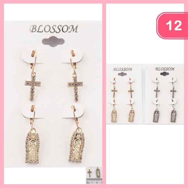 RHINESTONE CROSS  ROSARY HUGGIE DANGLE EARRING (12 UNITS)