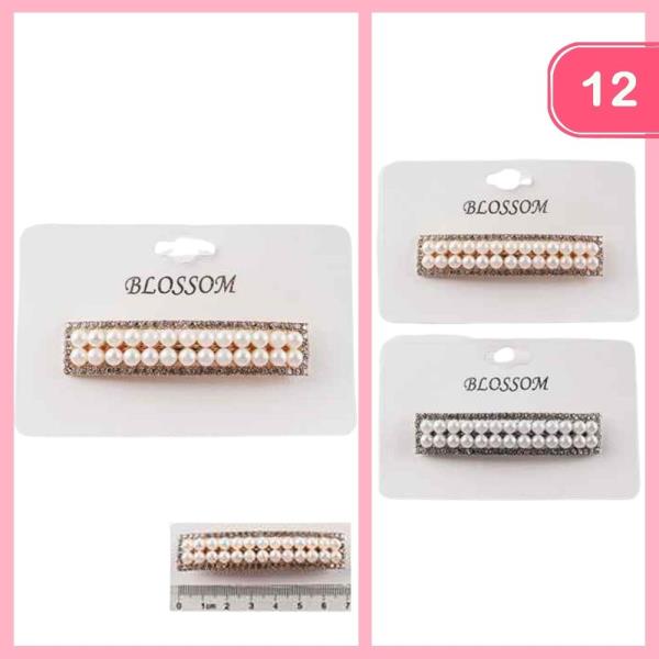 RHINESTONE PEARL BARRETTE HAIR PIN (12 UNITS)