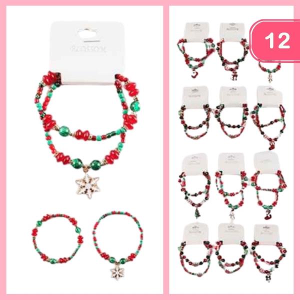 CHRISTMAS SNOWFLAKE CHARM BEADED STACKABLE BRACELET (12 UNITS)