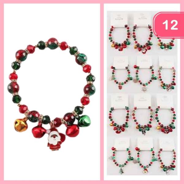 CHRISTMAS BELLS SANTA CHARM BEADED BRACELET (12 UNITS)