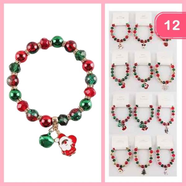 CHRISTMAS BELL SANTA CHARM BEADED BRACELET (12 UNITS)
