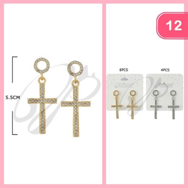CUBIC ZIRCONIA RHINESTONE CROSS DROP EARRINGS (12 UNITS)