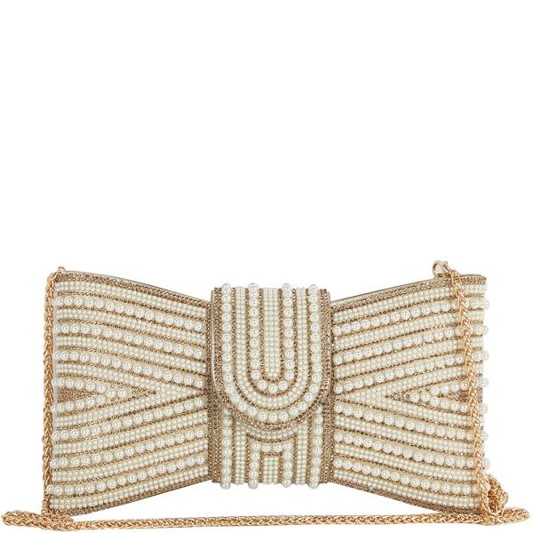 PEARL ALL OVER STUD RIBBON SHAPE EVENING CLUTCH BAG