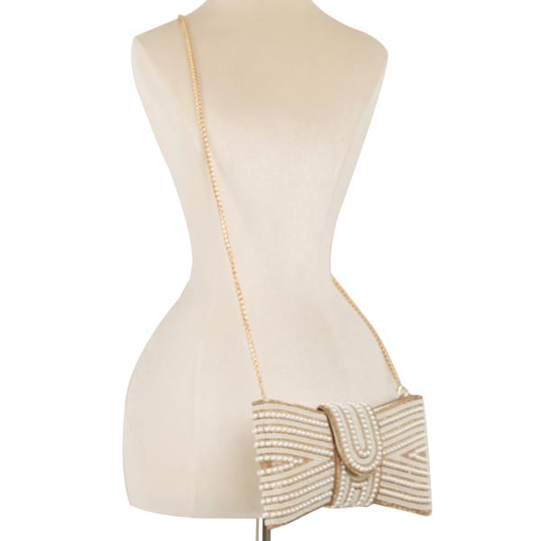 PEARL ALL OVER STUD RIBBON SHAPE EVENING CLUTCH BAG