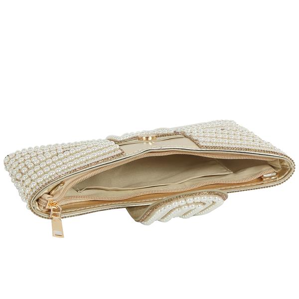PEARL ALL OVER STUD RIBBON SHAPE EVENING CLUTCH BAG