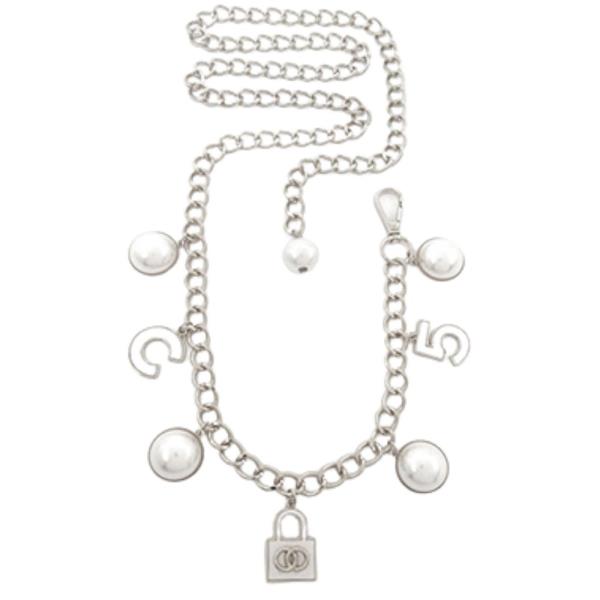CHAIN LINK METAL PEARL NUMBER PADLOCK CHARM BELT