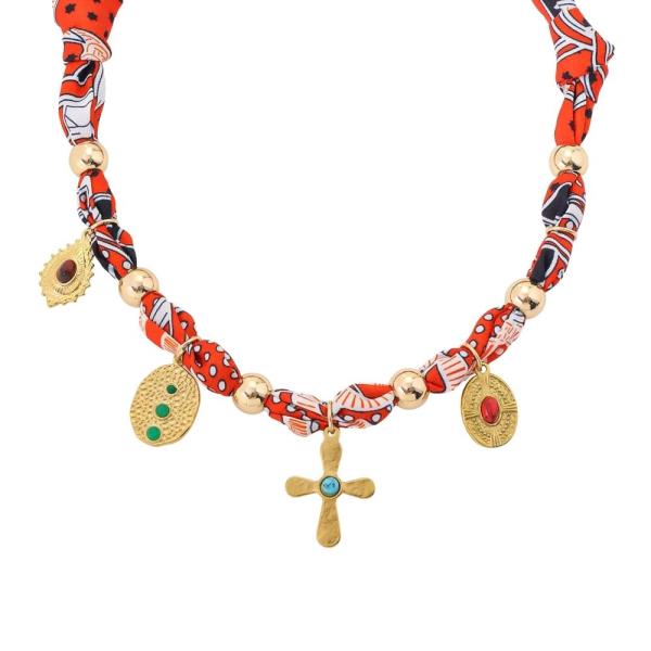 TEXTURED METAL CROSS COIN EVIL EYE OVAL PENDANT MULTI CHARM SCARF NECKLACE