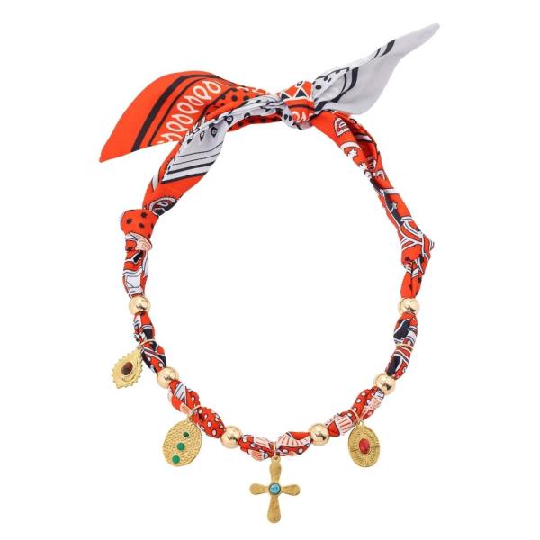 TEXTURED METAL CROSS COIN EVIL EYE OVAL PENDANT MULTI CHARM SCARF NECKLACE