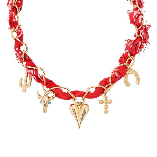 CACTUS BULL HEAD HEART CROSS HORSESHOE PENDANT MULTI CHARM SCARF NECKLACE