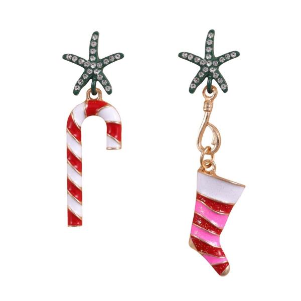 CHRISTMAS RHINESTONE STARFISH CANDY CANE STOCKING DANGLE EARRINGS