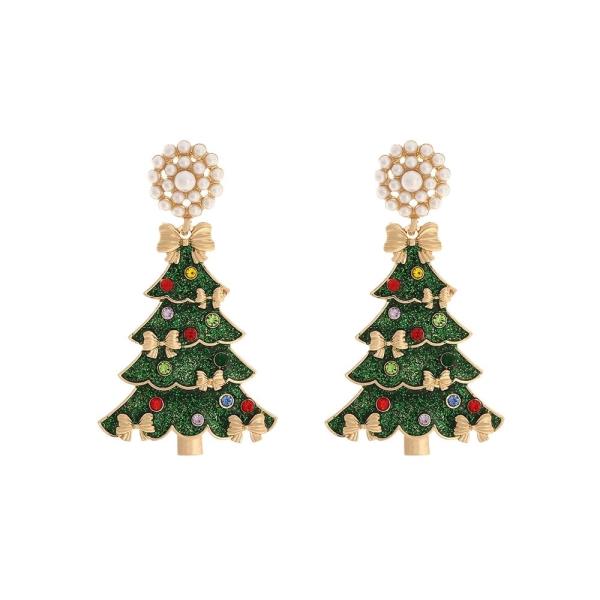 FAUX PEARL RHINESTONE CHRISTMAS TREE DANGLE EARRINGS