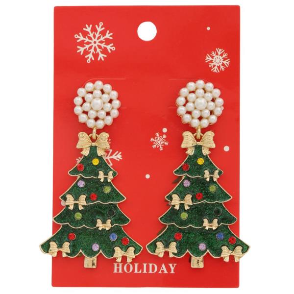 FAUX PEARL RHINESTONE CHRISTMAS TREE DANGLE EARRINGS