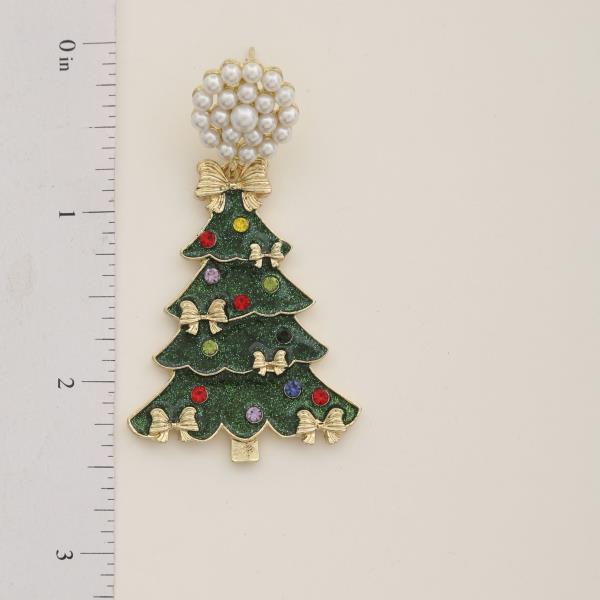 FAUX PEARL RHINESTONE CHRISTMAS TREE DANGLE EARRINGS