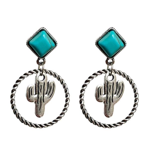 WESTERN METAL TURQUOISE STONE CACTUS HOOP DANGLE EARRINGS
