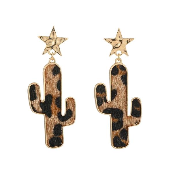WESTERN METAL STAR LEOPARD PRINT CACTUS DANGLE EARRINGS