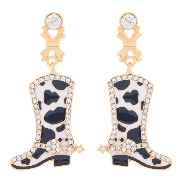 WESTERN RHINESTONE COW PRINT COWBOY BOOT DANGLE EARRINGS