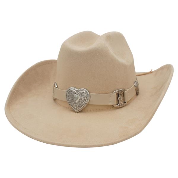 HEART CHARM LINKED BANDED MICROSUEDE COWBOY HAT