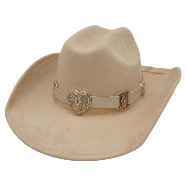 HEART CHARM LINKED BANDED MICROSUEDE COWBOY HAT