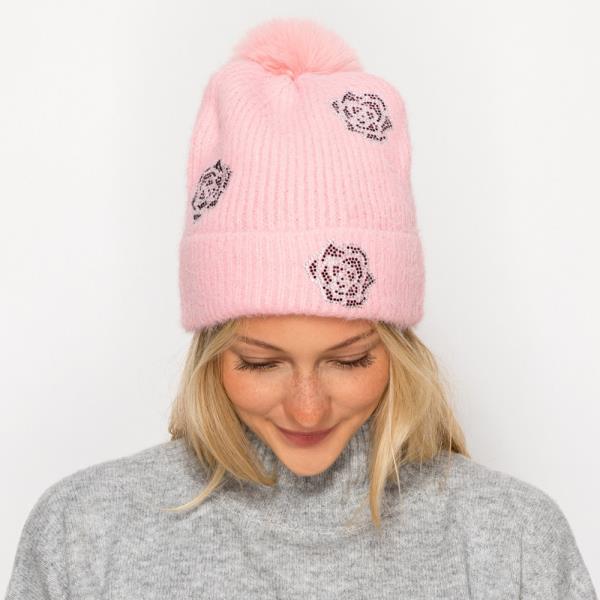 RHINESTONE FLOWER POM POM BEANIE