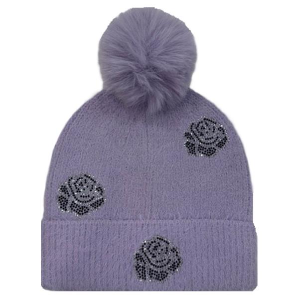 RHINESTONE FLOWER POM POM BEANIE