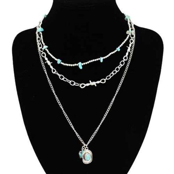 METAL OVAL CONCHO TURQUOISE STONE LAYERED COWBOY HAT PENDANT NECKLACE
