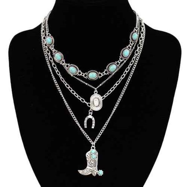 CHAIN LINK METAL WESTERN CHARM TURQUOISE STONE LAYERED NECKLACE
