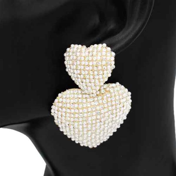 PEARL BEADED DOUBLE HEART DANGLE EARRING
