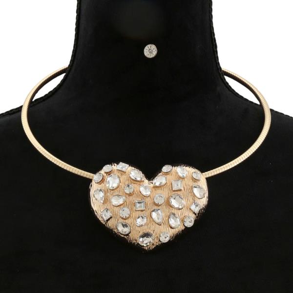 RHINESTONE HEART PENDANT METAL NECKLACE
