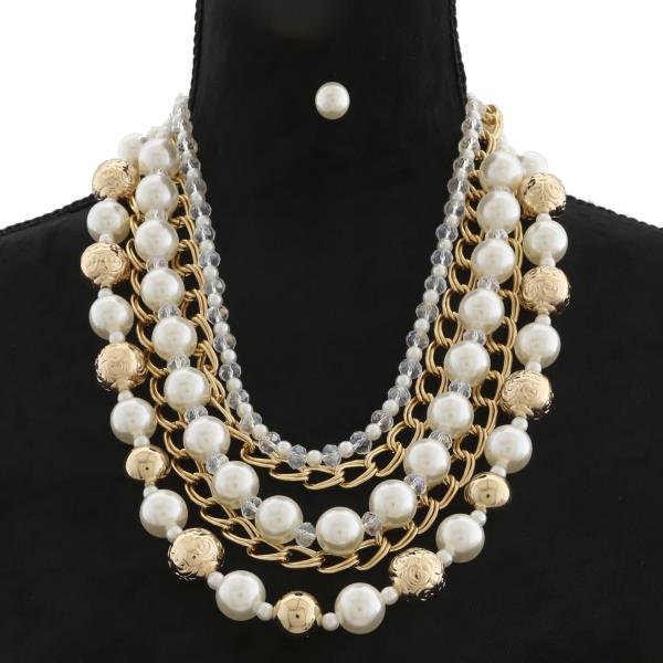 PEARL CRYSTAL BEAD CHAIN LINK LAYERED NECKLACE