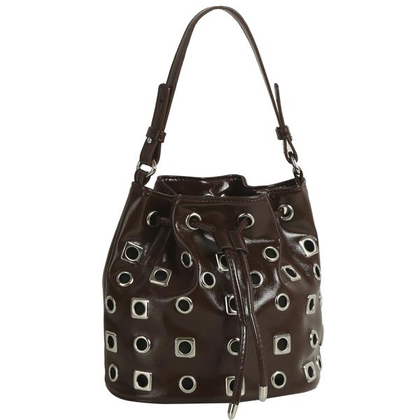 OPEN SHAPE STUDDED DRAWSTRING HANDLE BUCKET BAG