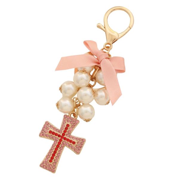 RHINESTONE CROSS PEARL BEAD RIBBON BOW BAG CHARM KEYCHAIN