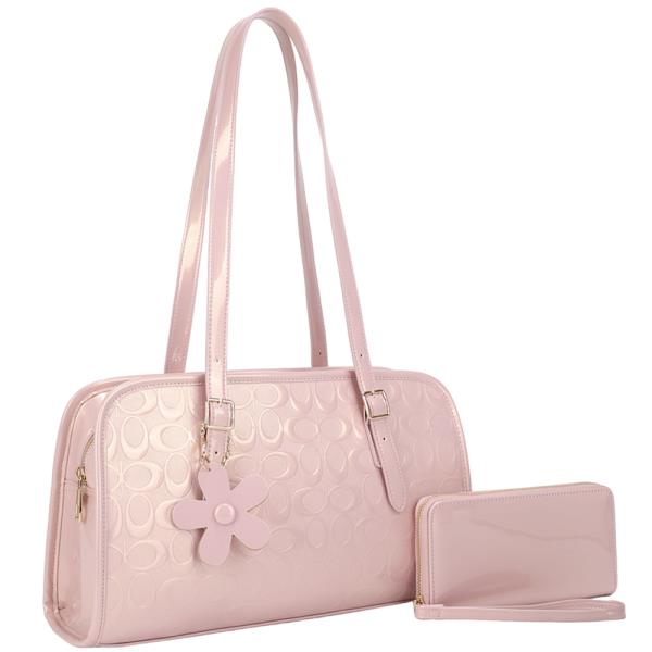 2IN1 OVAL PRINT DESIGN FLOWER HANDLE SHOULDER BAG W WALLET SET
