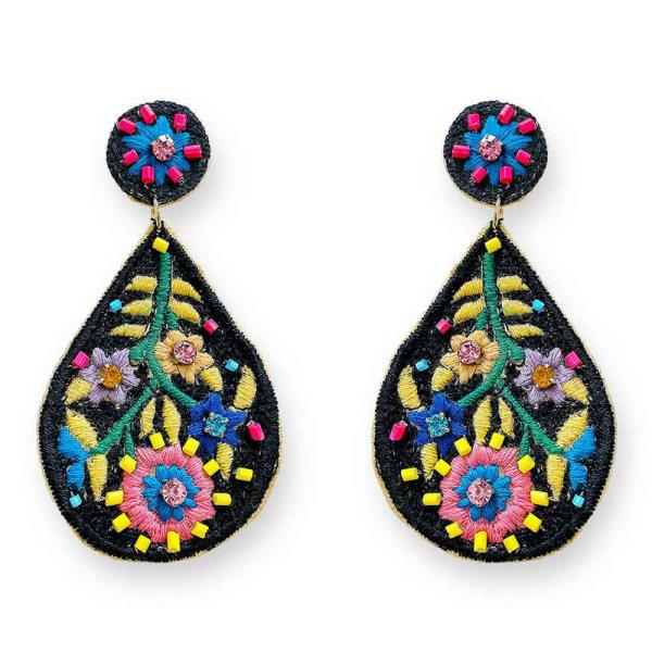 FLOWER BEADED INDIA EMBROIDERY DANGLE EARRING