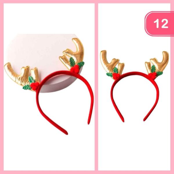 CHRISTMAS REINDEER ANTLER HOLLY EAR HEADBAND (12 UNITS)