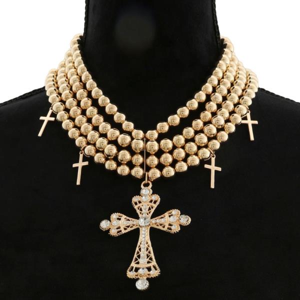 SDJ CHUNKY BEADED CROSS METAL NECKLACE