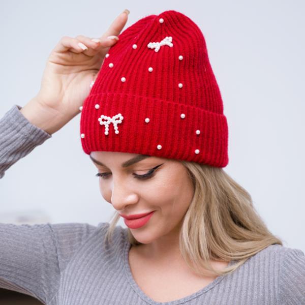 PEARL BOW ACCENT KNIT BEANIE HAT