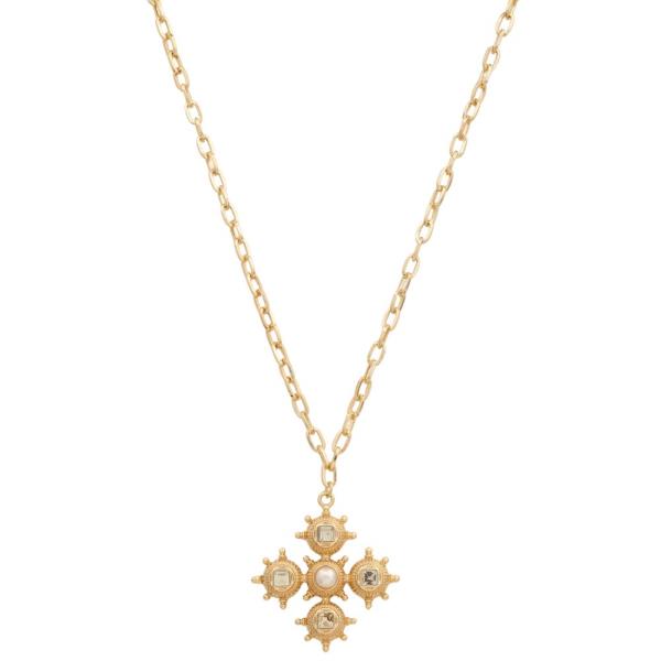 SODAJO CRYSTAL PEARL BEAD METAL CROSS PENDANT NECKLACE