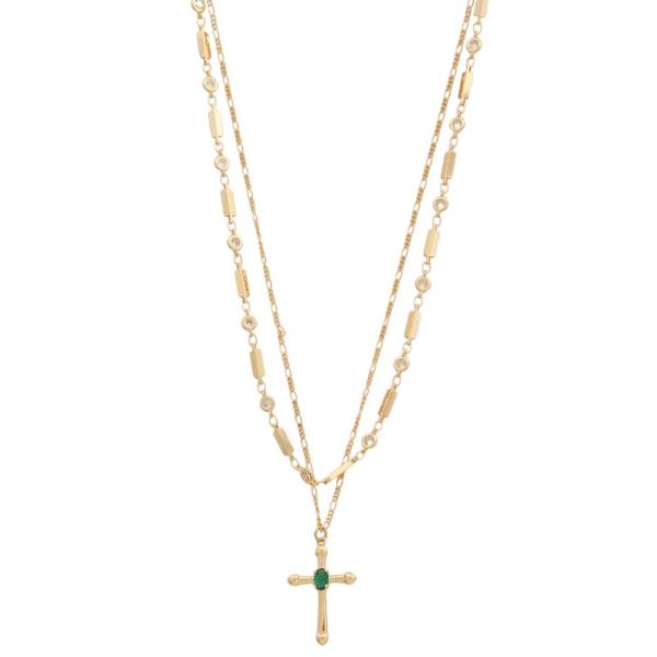 SODAJO CROSS CHARM CRYSTAL LAYERED GOLD DIPPED NECKLACE
