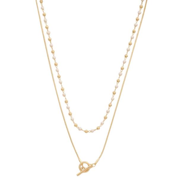 SODAJO PEARL BEAD TOGGLE CLASP GOLD DIPPED LAYERED NECKLACE