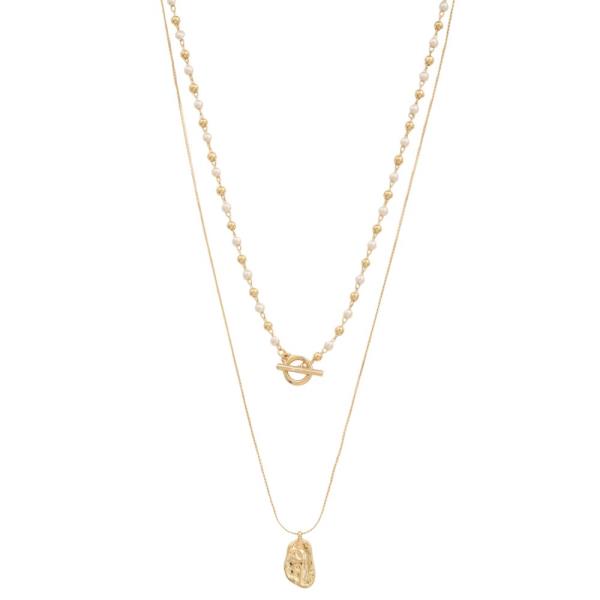 SODAJO ORGANIC SHAPE TOGGLE CLASP PEARL BEAD LAYERED NECKLACE